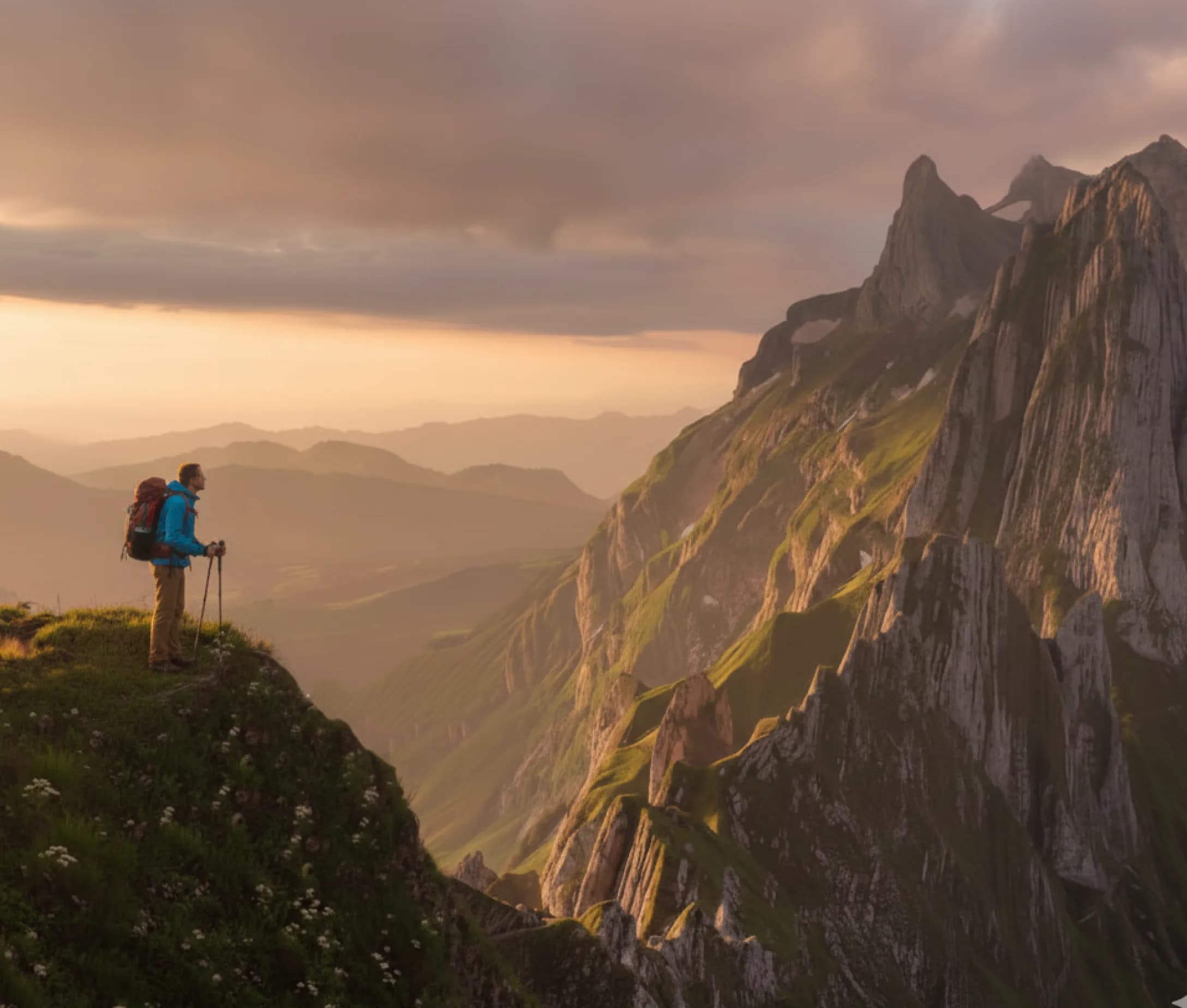 Pozadie žena stojí v horách a pozerá sa na krásnu prírodu 